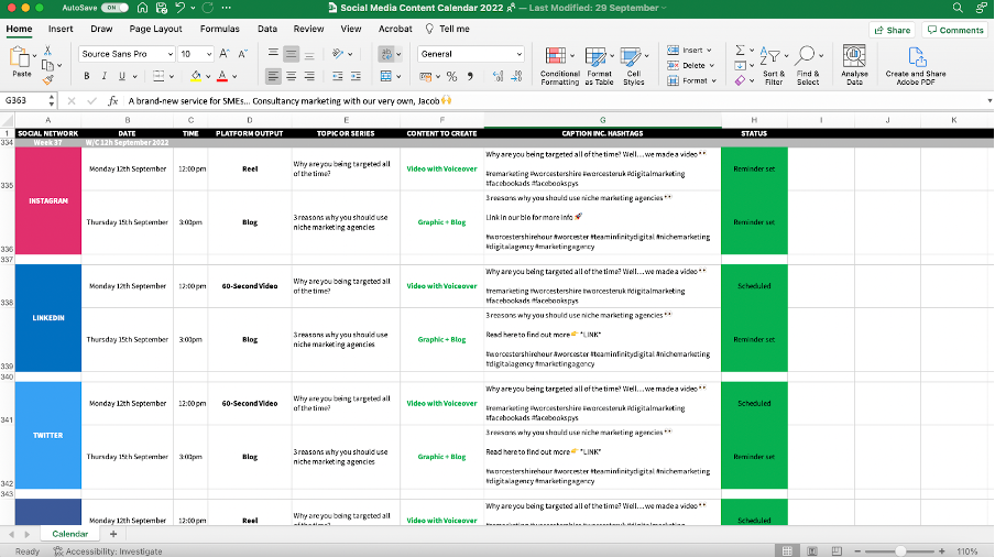 captura de pantalla del calendario de Excel para contenido de redes sociales