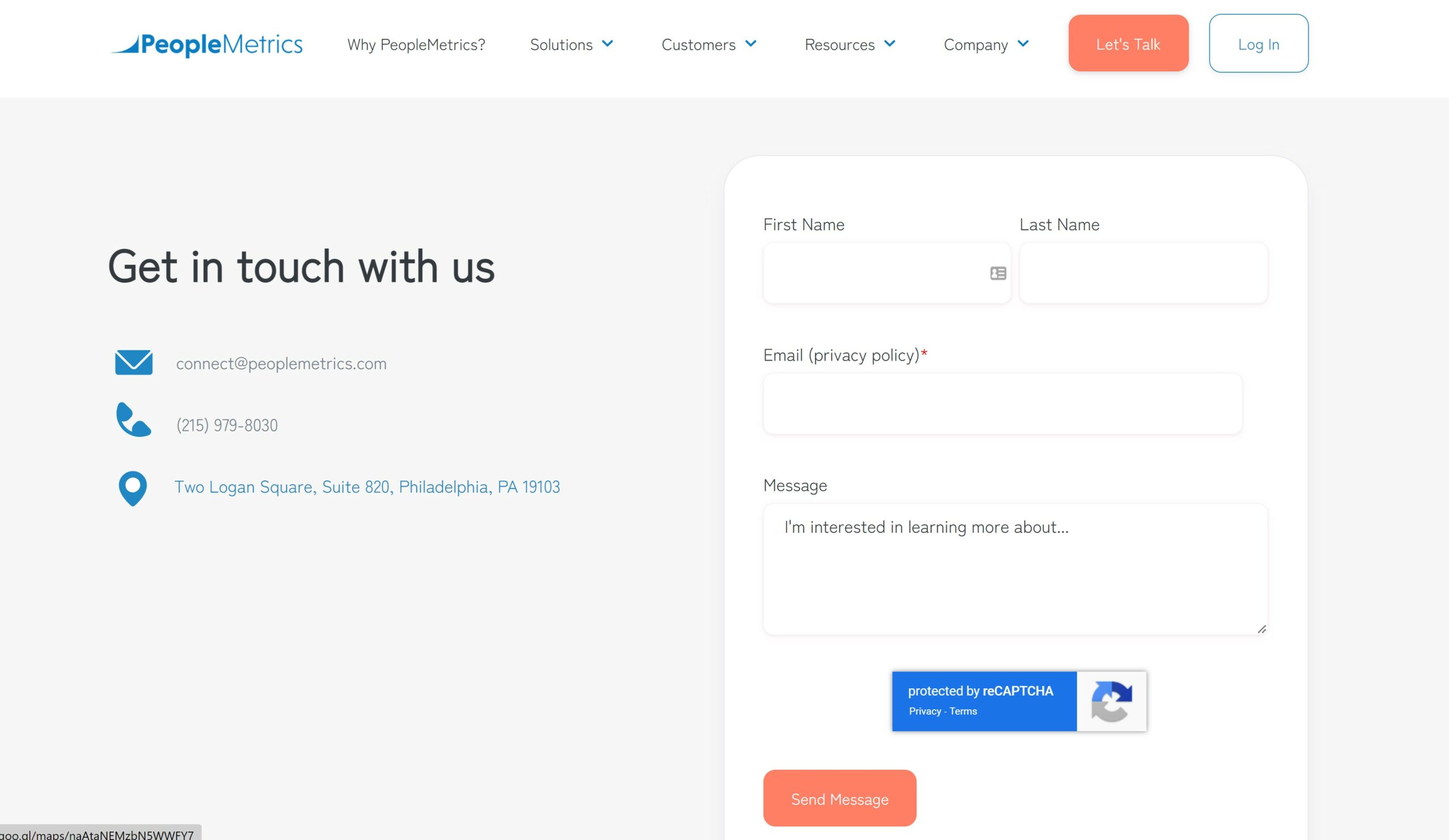 PeopleMetrics contact us page