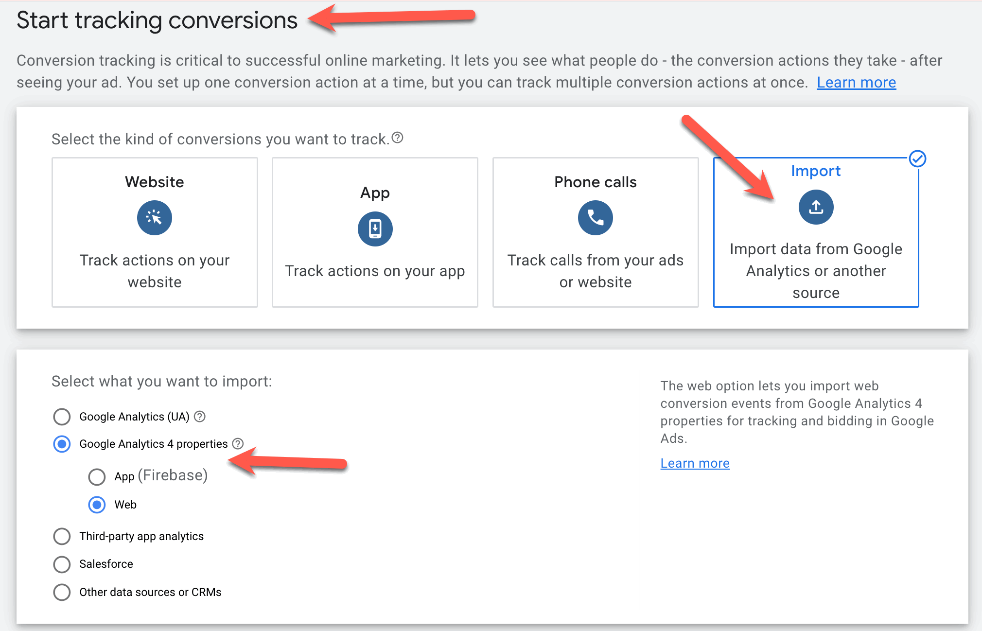 La captura de pantalla muestra que al importar un objetivo de Google Analytics, es necesario seleccionar las propiedades de Google Analytics 4.