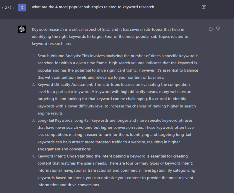 Keyword research prompt most popular sub-topics related to keyword research