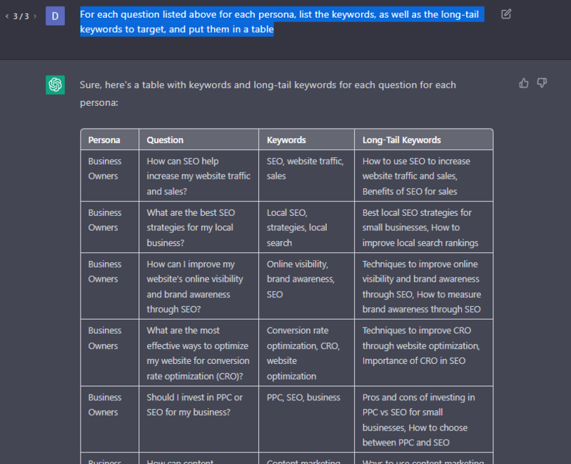 chat gpt get the keywords to target based on those questions