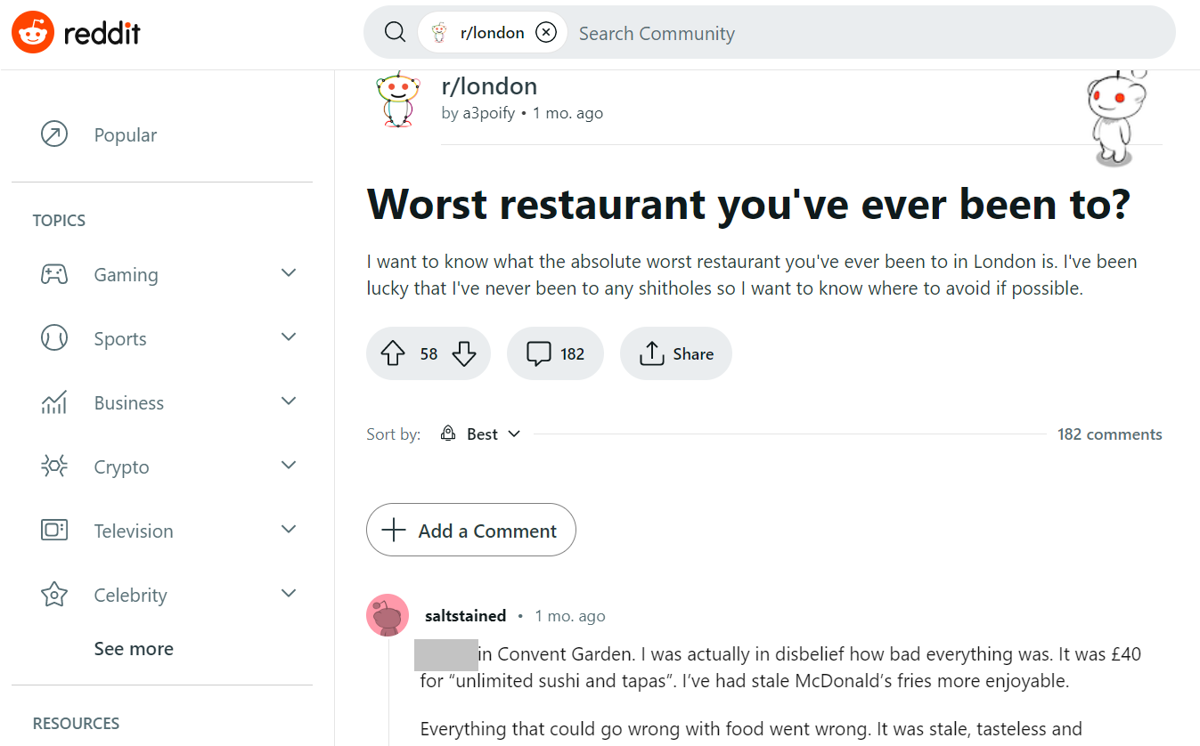 Screenshot of London subreddit