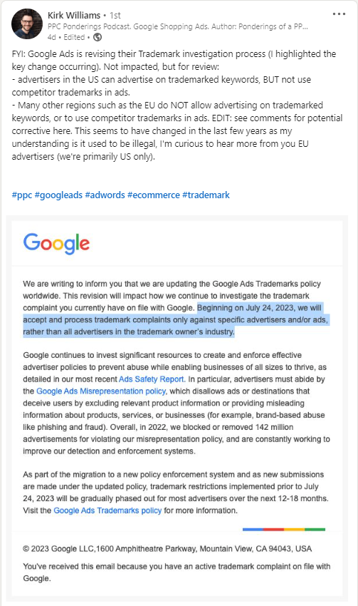 Kirk Williams brinda detalles sobre la actualización de la política de marcas comerciales de Google Ads.