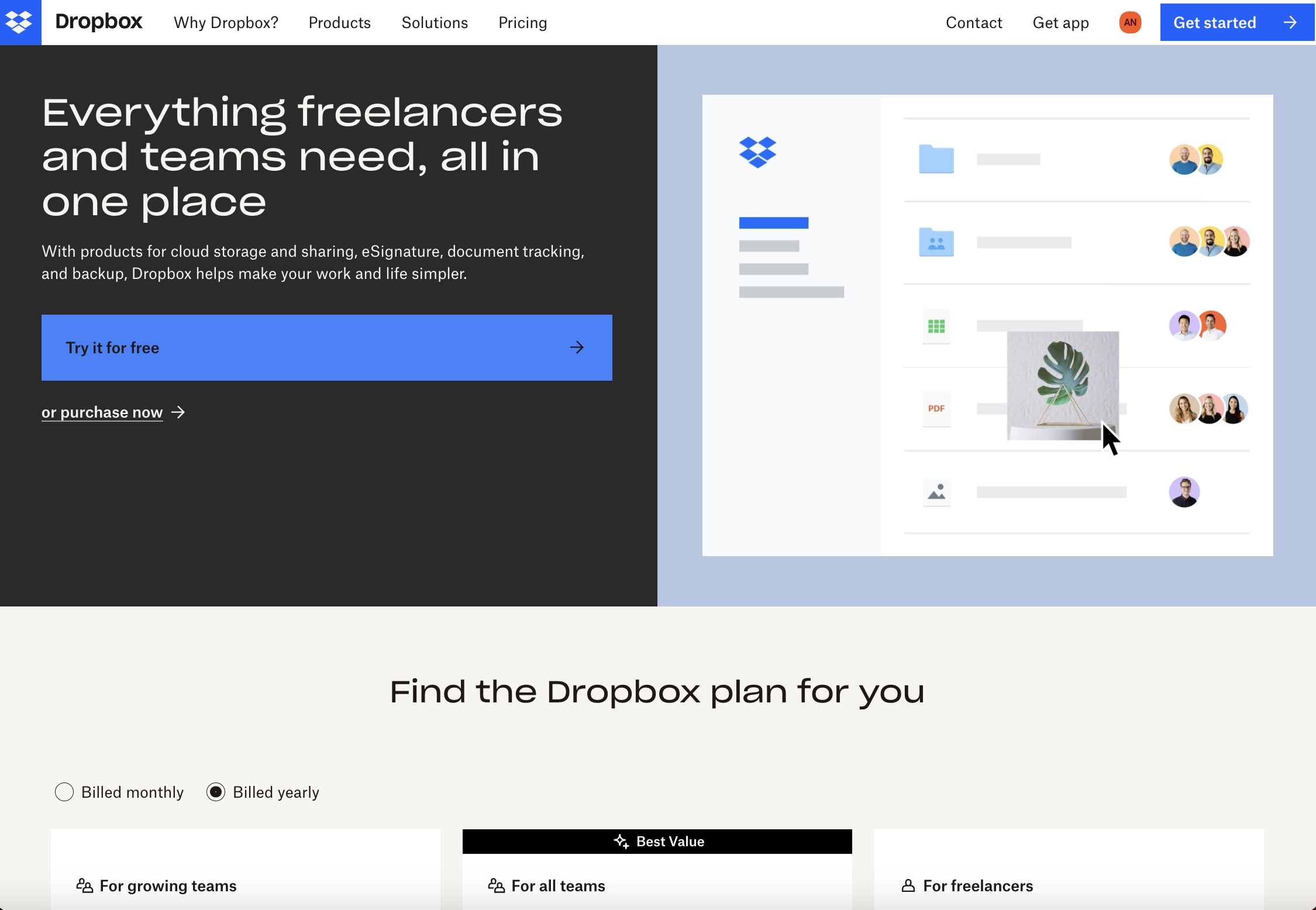 Dropbox landing page