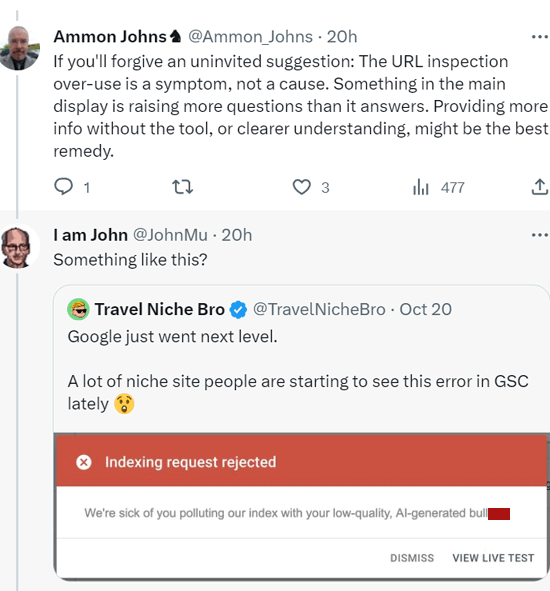 El tweet de John Mueller implica que puede haber un problema de calidad relacionado con la consola de búsqueda de Google que se niega a indexar las URL enviadas.