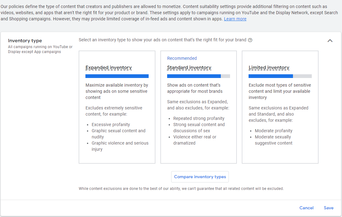 Configuración de idoneidad del contenido de Google Ads.