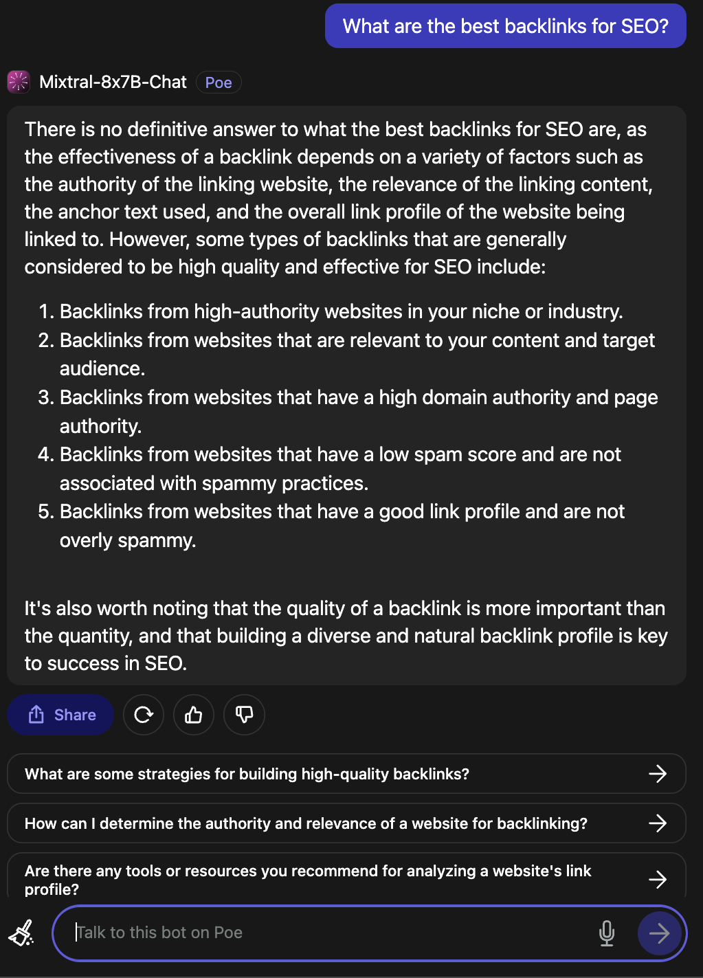 mixtral-8x7b poe mejor respuesta de backlinks