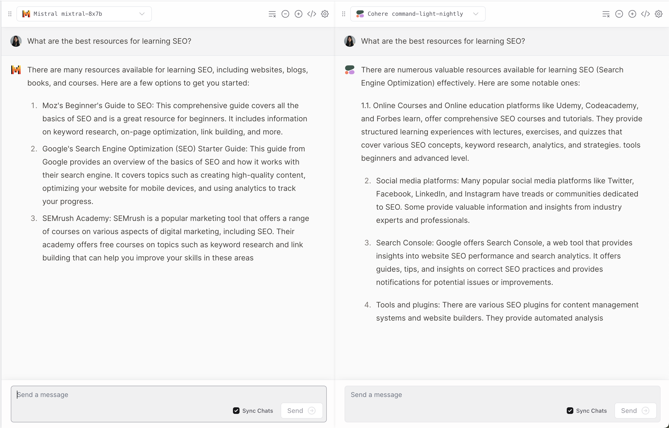 mixtral-8x7b vs cohere sobre los mejores recursos para aprender SEO