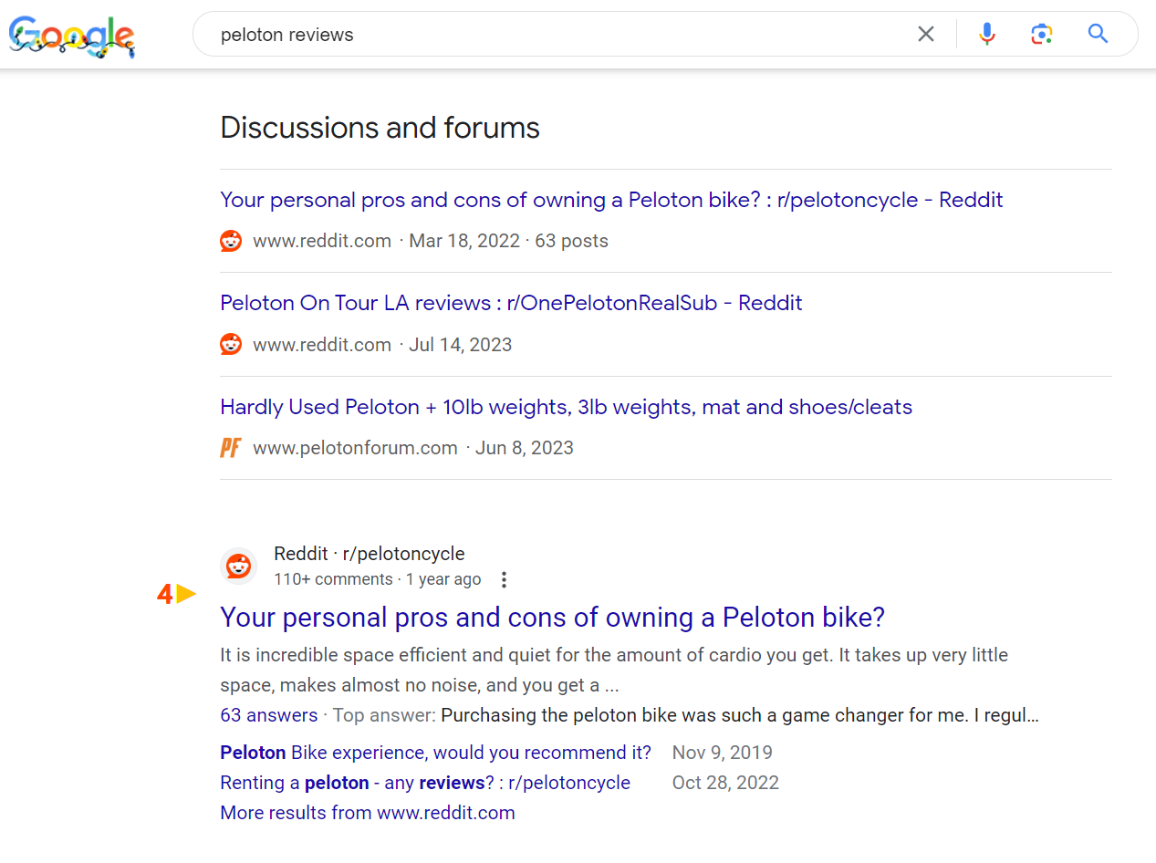 Captura de pantalla de la búsqueda de [peloton reviews]Google, diciembre de 2023