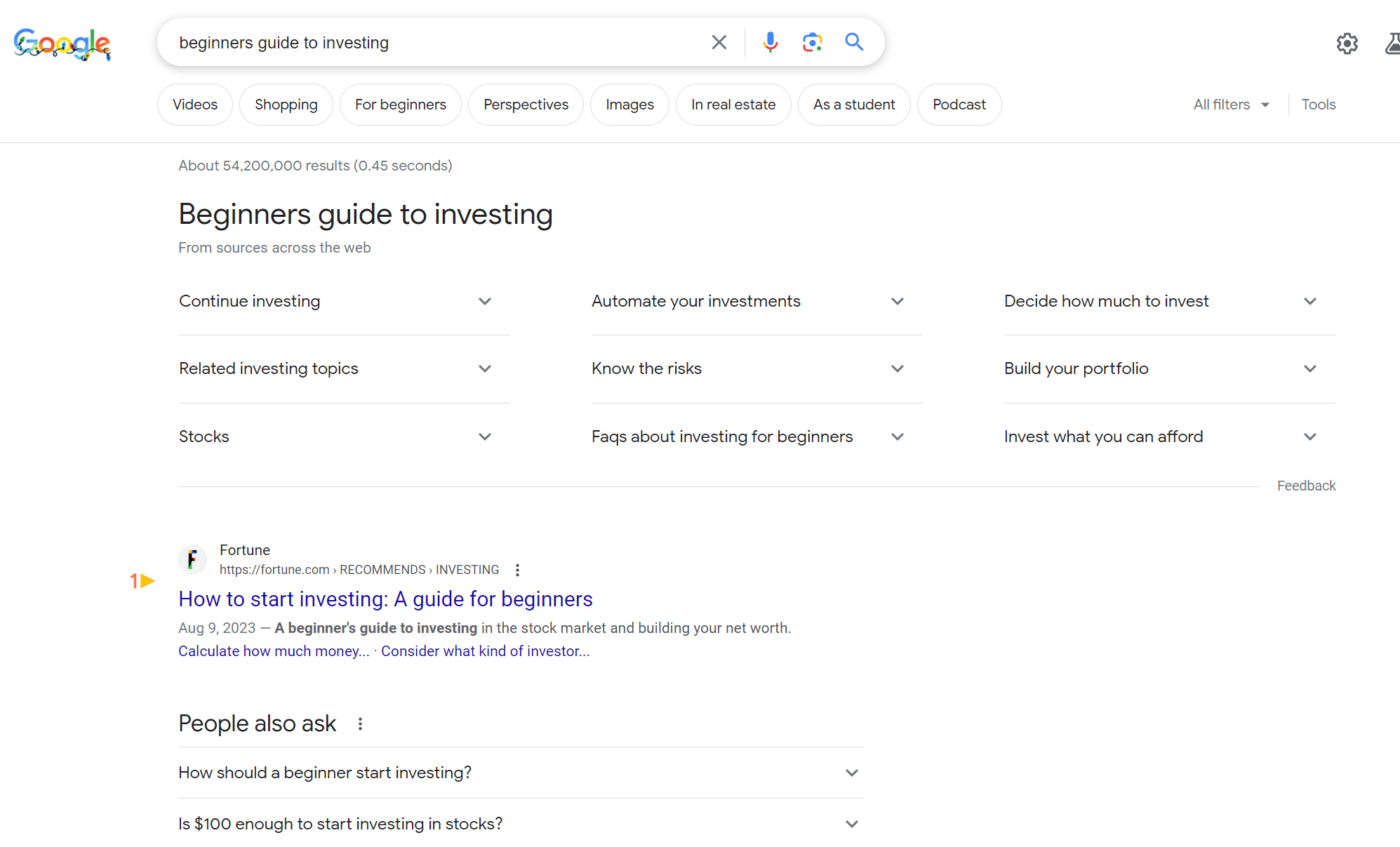 Captura de pantalla de la búsqueda de [beginners guide to investing]