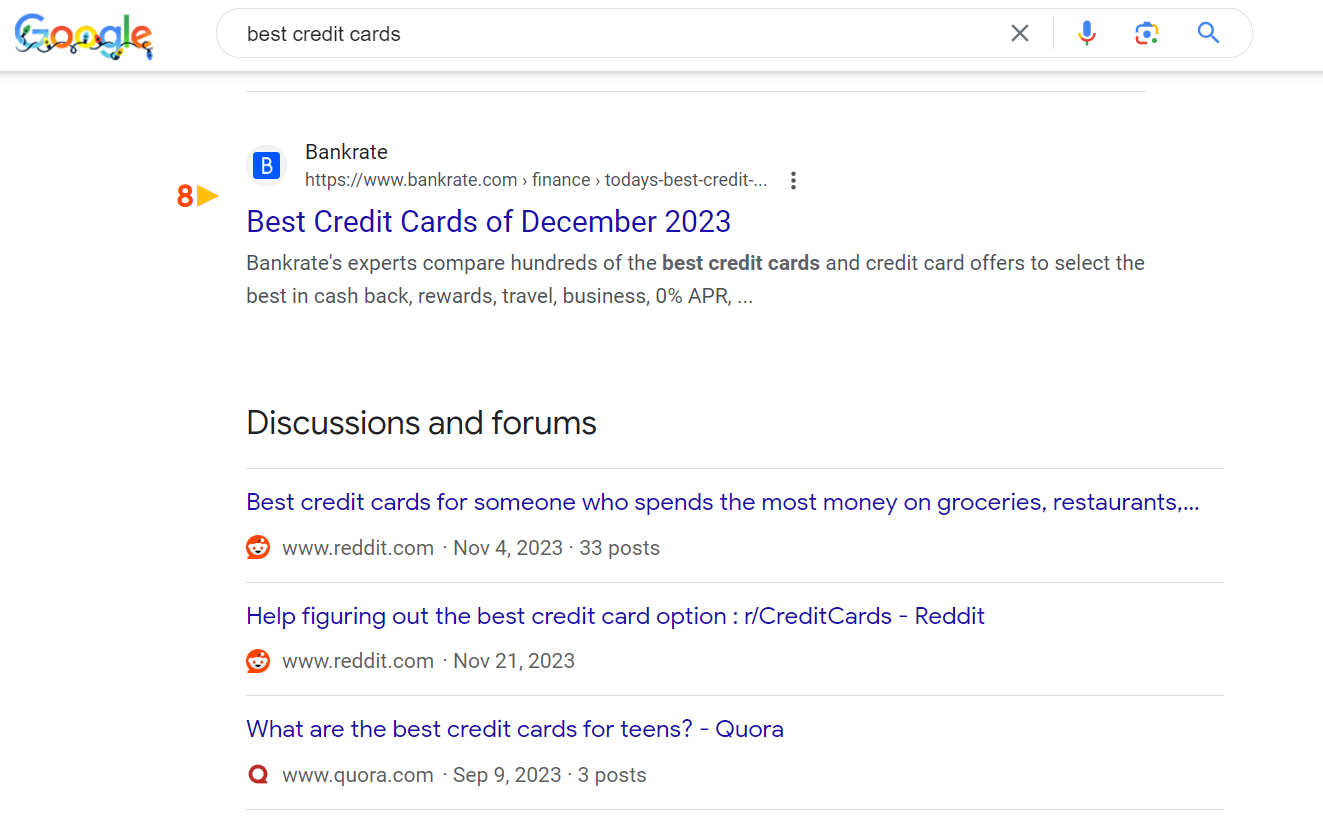 Captura de pantalla de Google para [best credit cards]