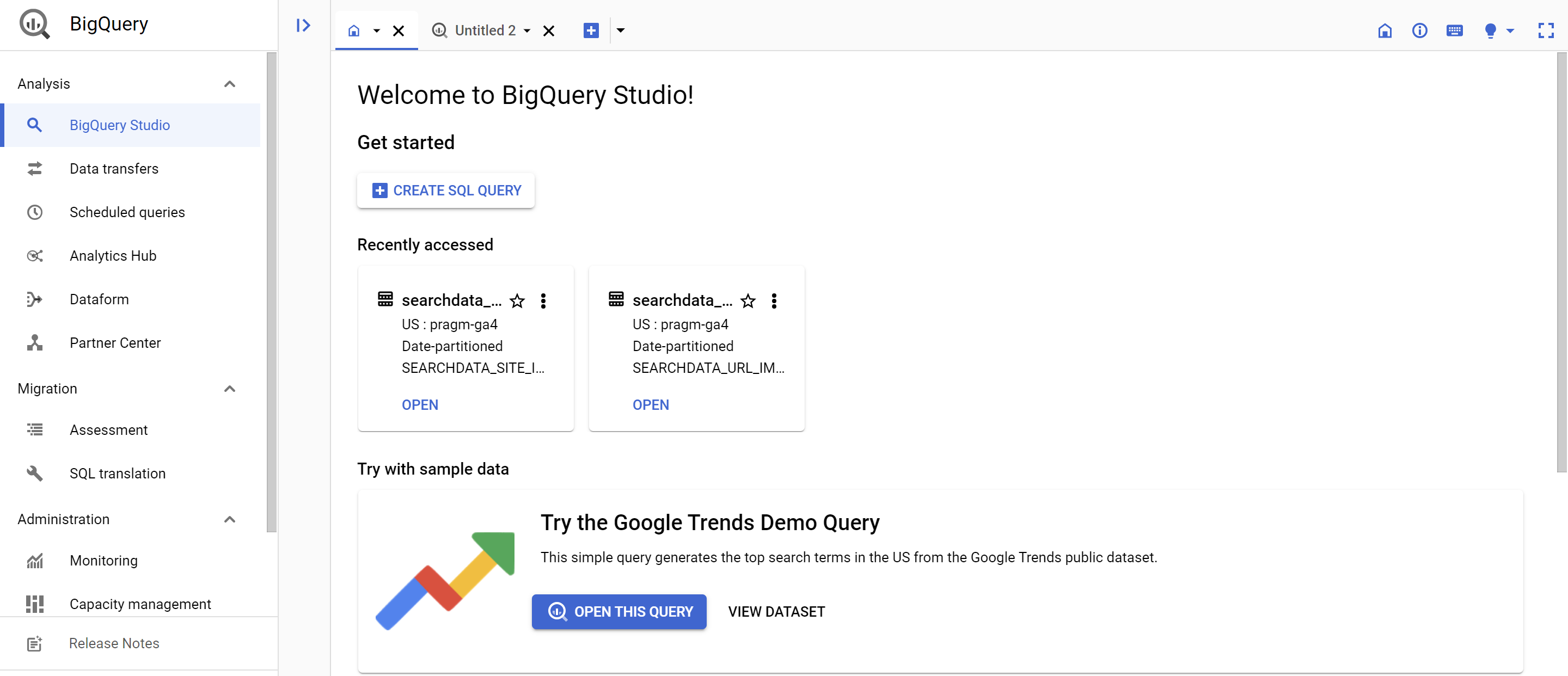 pantalla de acceso a BigQuery Studio donde creará su primera consulta SQL. 