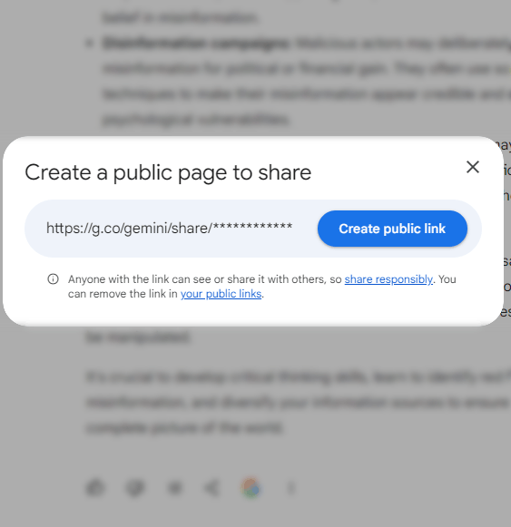 Captura de pantalla de cómo crear una página web pública de un chat privado de Google Gemini