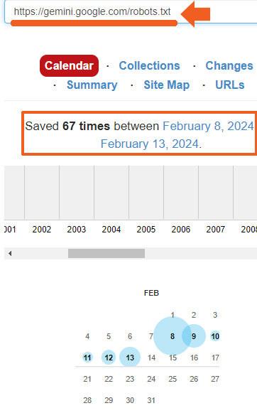 Captura de pantalla de los robots Google Gemini.  txt de Internet Archive que muestra que estuvo allí el 8 de febrero de 2024.