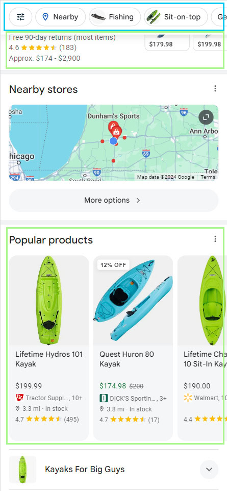 Búsqueda en Google de kayaks en el móvil