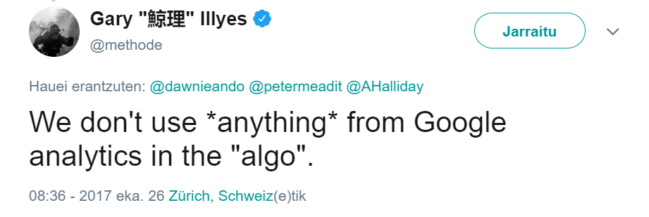 Gary III, sí, tweet: "No utilizamos *nada* de Google Analytics en el algoritmo."