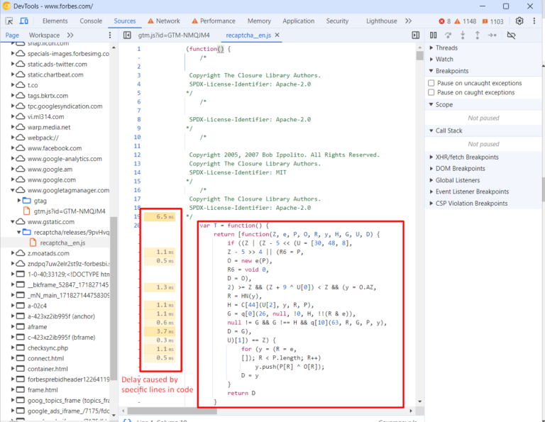 En la pestaña Fuente, muestra retrasos causados ​​por líneas específicas de código JavaScript.