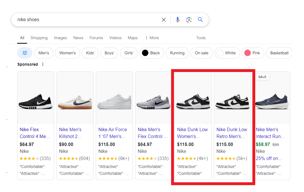 Ejemplo de una búsqueda en Google con la consulta 'Zapatos Nike' que muestra ejemplos de anuncios de Shopping.