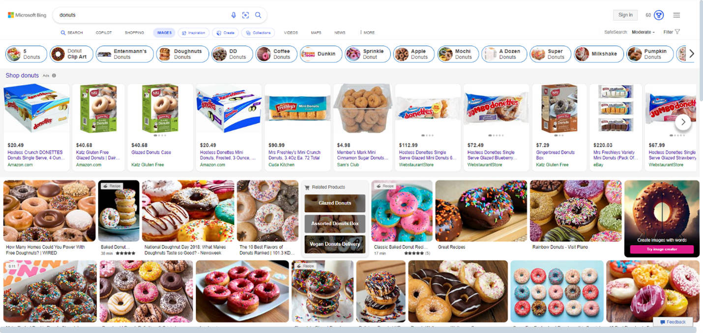 Microsoft Bing search for donuts