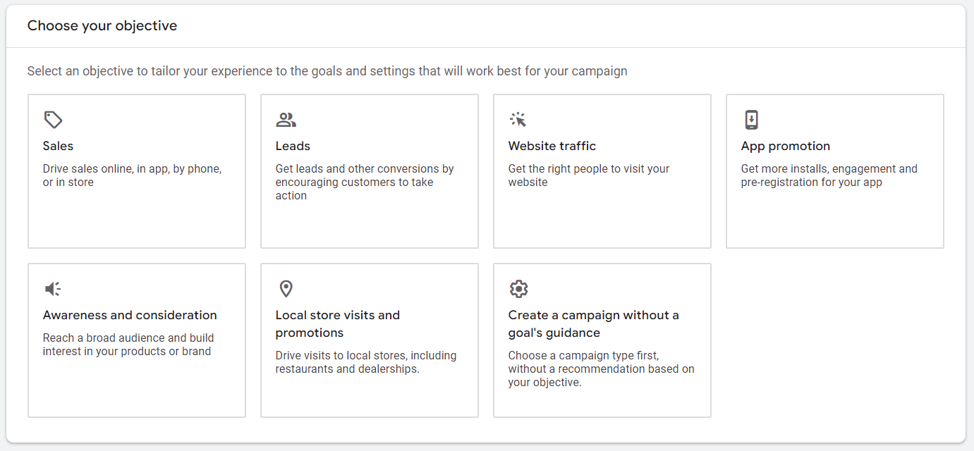 Google Ads objectives in new campaign creation.