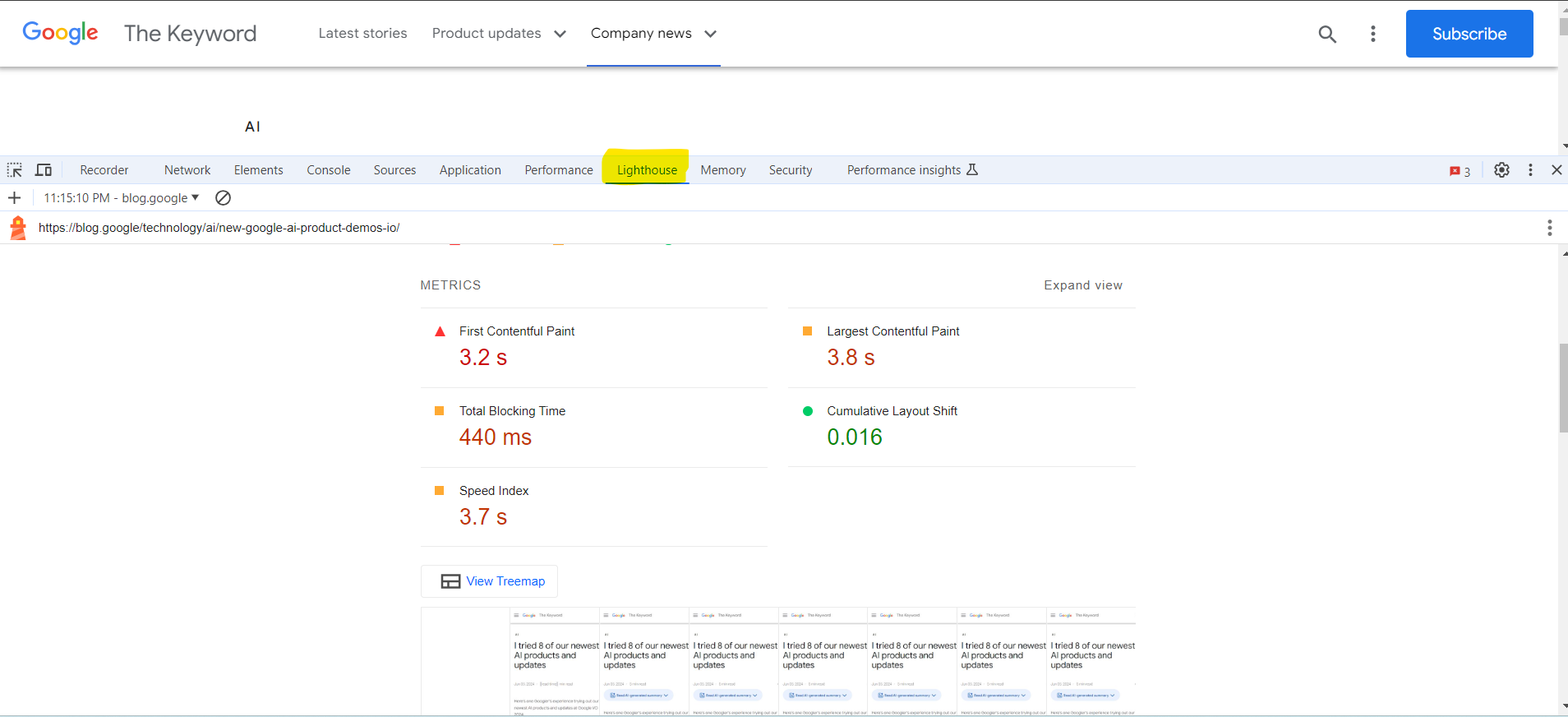 Ejemplo de informe de faro en el navegador Chrome DevTools