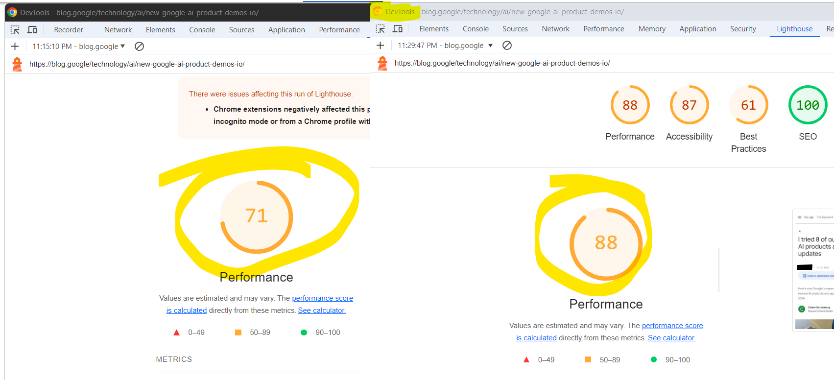 Dos capturas de pantalla de los resultados de la auditoría Lighthouse de Google Chrome DevTools. Izquierda: versión estable de Chrome con complementos y derecha: Canary sin complementos.