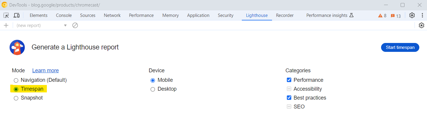 Intervalo de tiempo de opción en Chrome Lighthouse DevTools