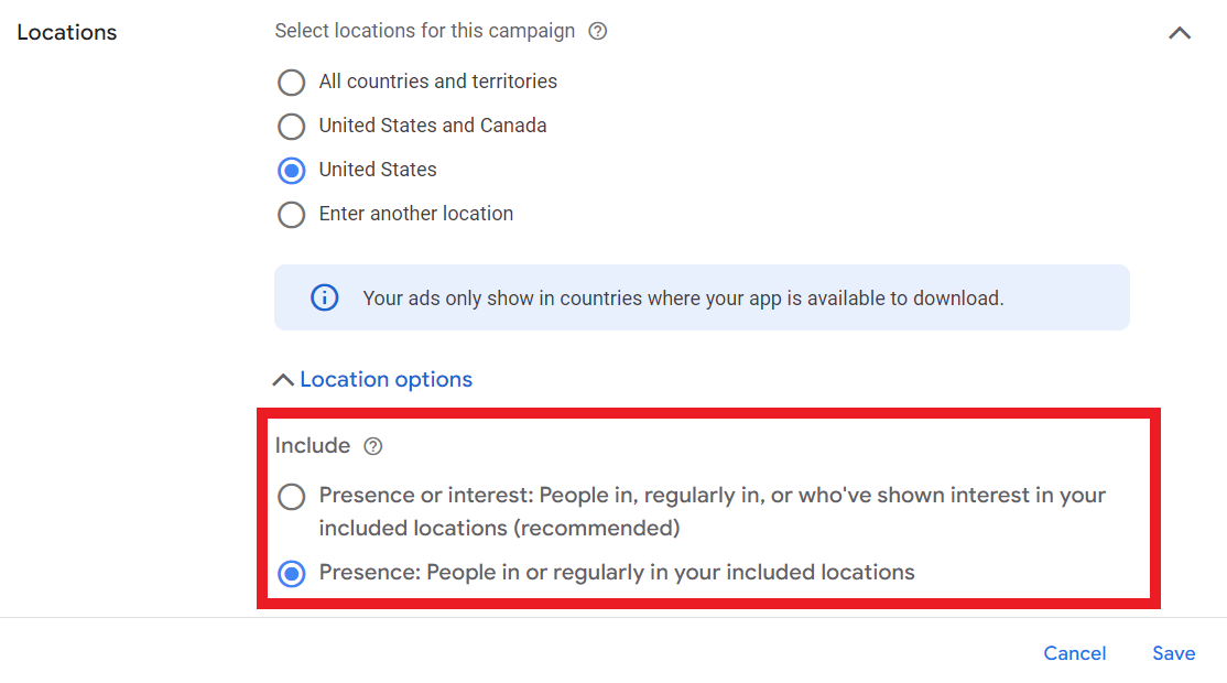 Location settings in Google Ads