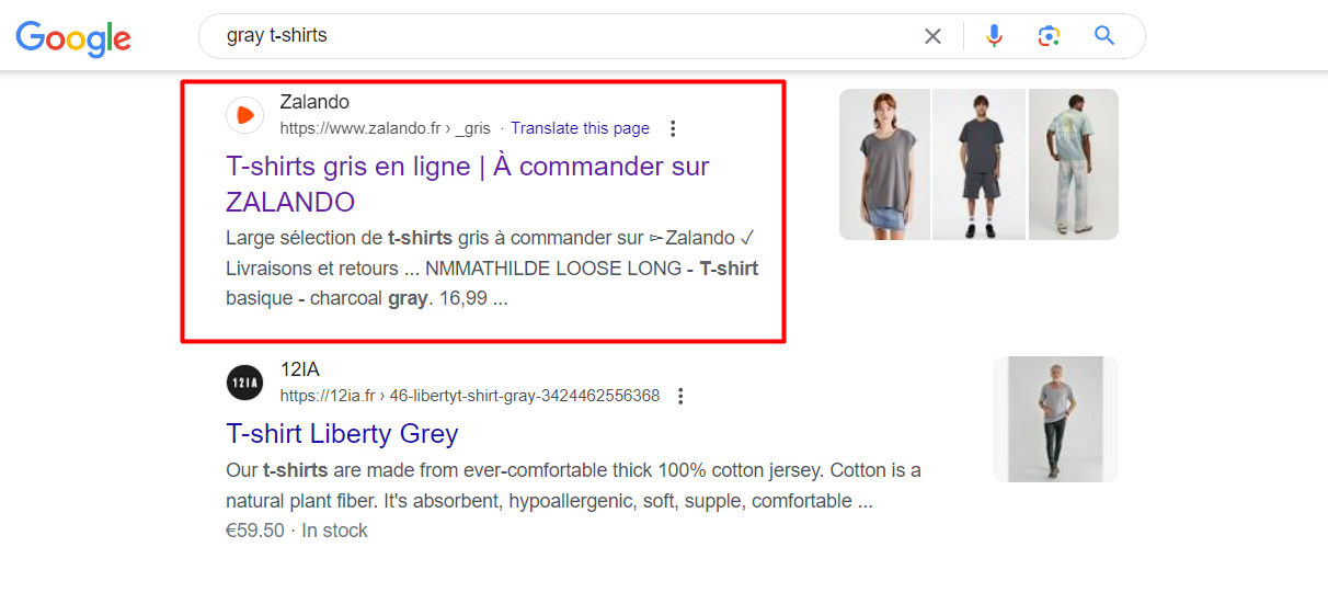 Ranking de la página de camisetas grises de Zalando en la búsqueda de Google