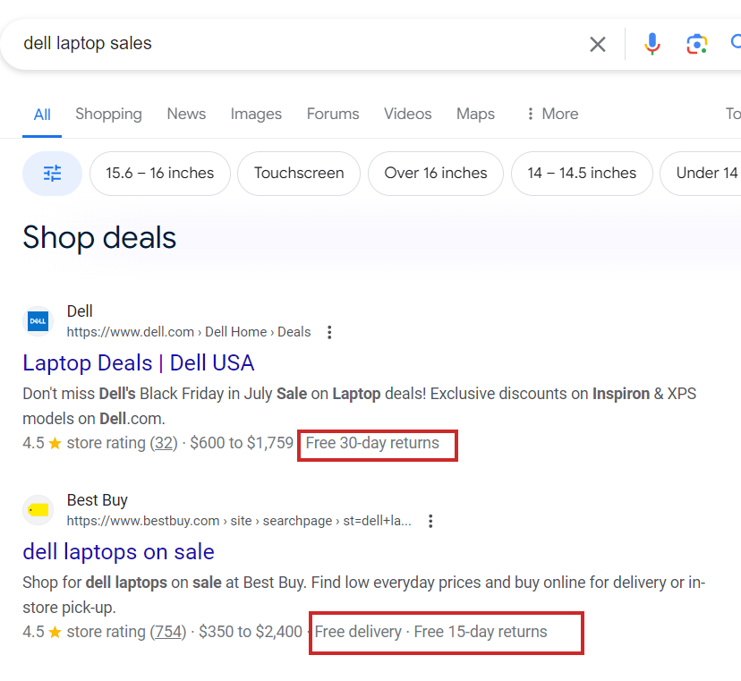 Example of delivery price and return policy rich result on Google