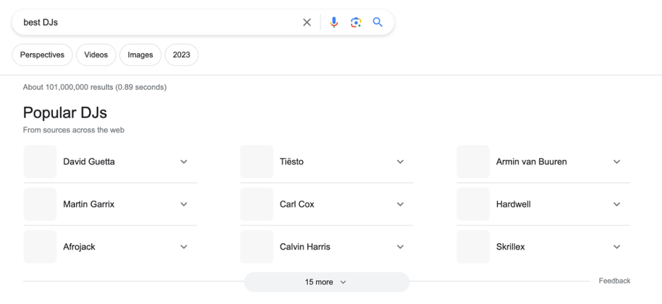 Figura 12.10: Resultados de EE. UU. para los “mejores DJ” (Google y el logotipo de Google son marcas comerciales de Google LLC).