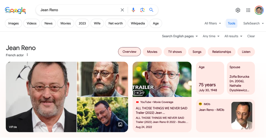 Figura 12.9: Fragmento de búsqueda de Jean Reno (Google y el logotipo de Google son marcas comerciales de Google LLC).