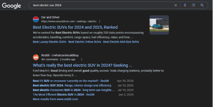 búsqueda en Google de [best electric car suv 2024]