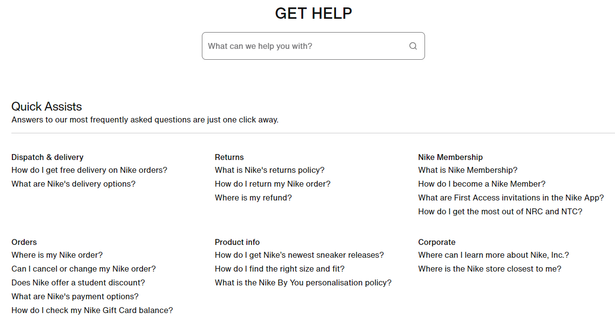 Nike Get Help Faq example