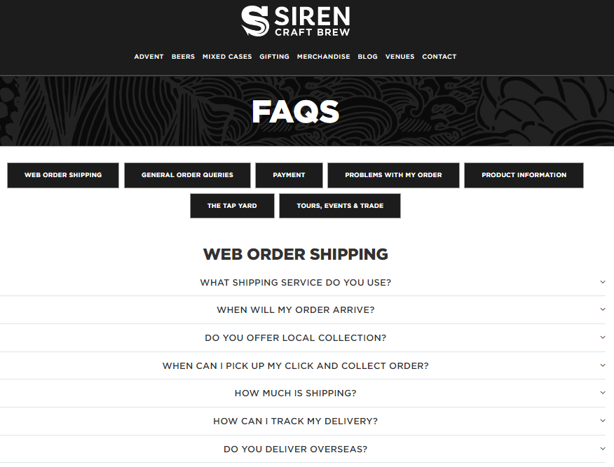 Siren Craft Brew FAQs page example