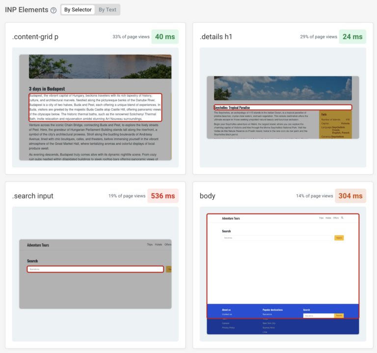 Desglose del rendimiento de la página: elementos de contenido en DebugBear