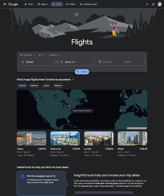 Screenshot of Google Flights Home page