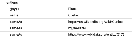 Ejemplo de vinculación de entidades: eliminar la ambigüedad del lugar Quebec vinculándolo a la entidad correspondiente que se encuentra en wikipedia, wikidata y el gráfico de conocimiento de Google.