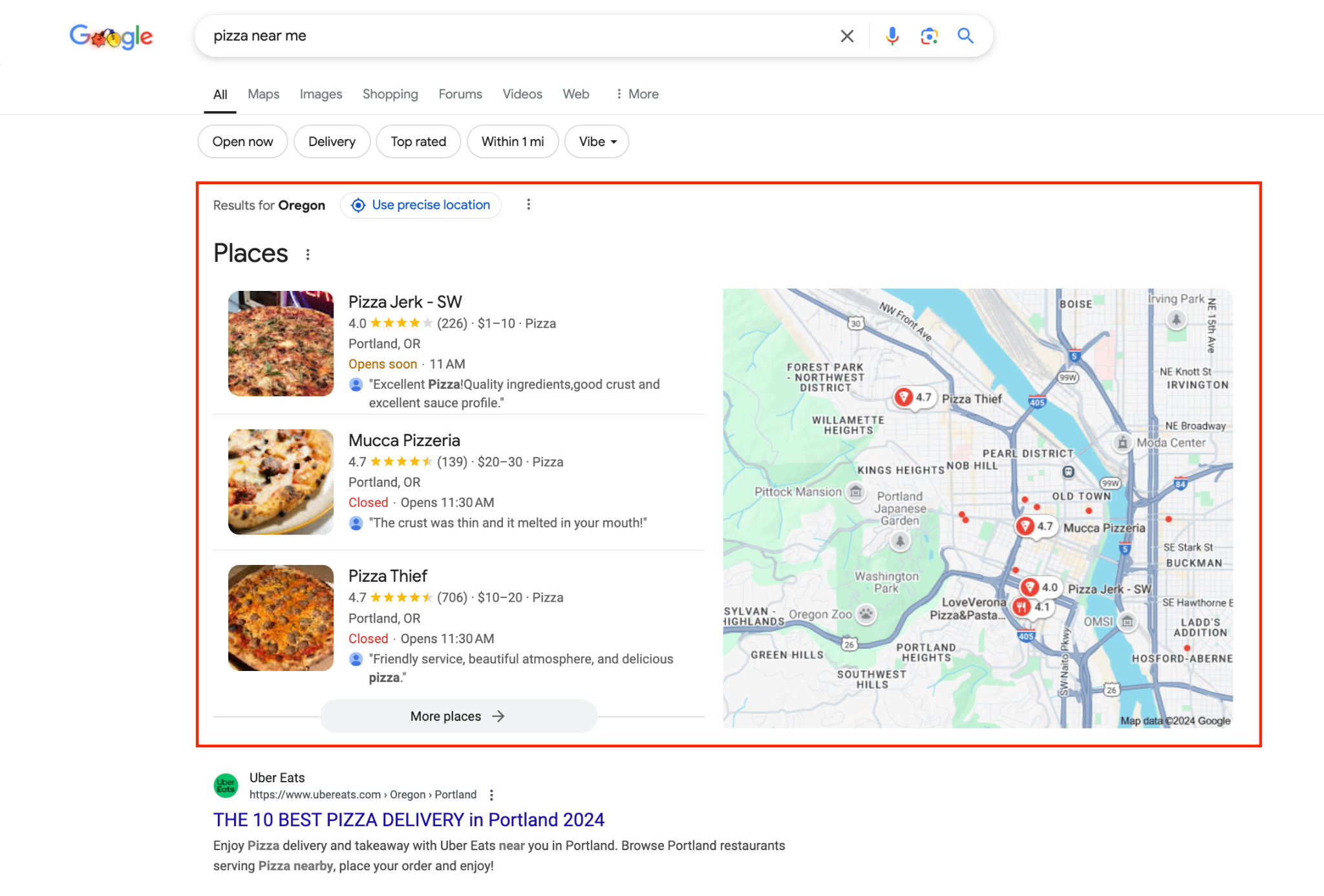 Captura de pantalla de la búsqueda de [pizza near me]Google, enero de 2025