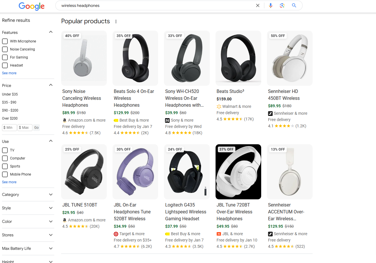 Captura de pantalla de la búsqueda de [wireless headphones]Google, enero de 2025